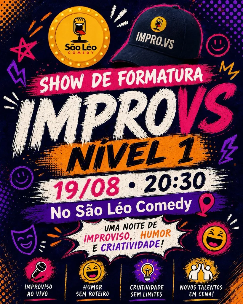 Cartaz colorido do show de formatura IMPROVS Nível 1, 19/08 às 20h30 no São Léo Comedy
